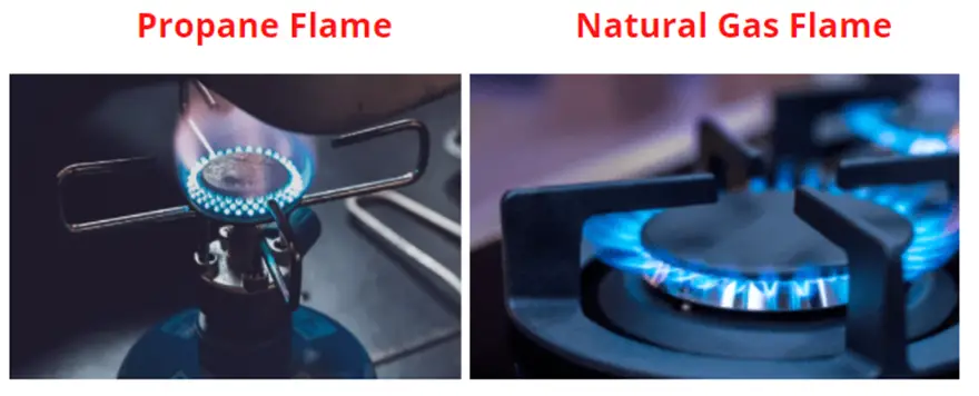 side by side comparison of a healthy propane and natural gas flame